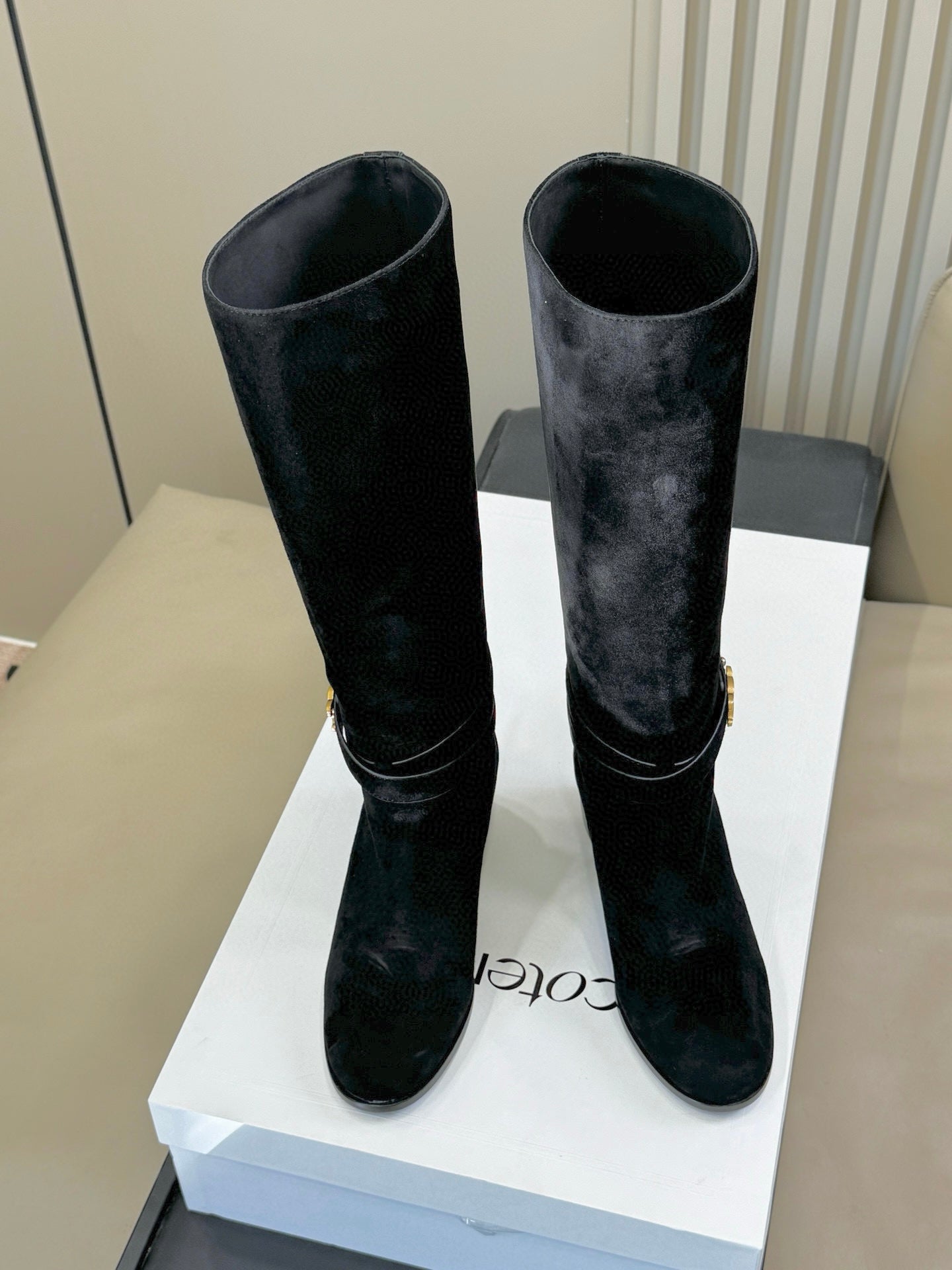 CELINE 26S HIGH-TOP BOOTS IN BLACK SUEDE WITH GOLD HARDWARE