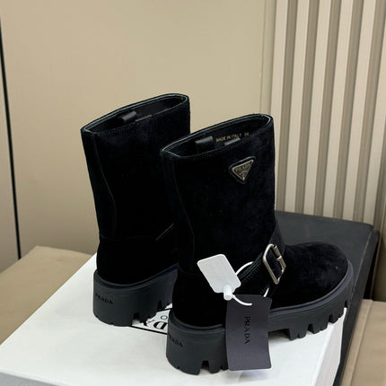 PRADA 25S PLATFORM ANKLE BOOTS IN BLACK SUEDE WITH SILVER HARDWARE