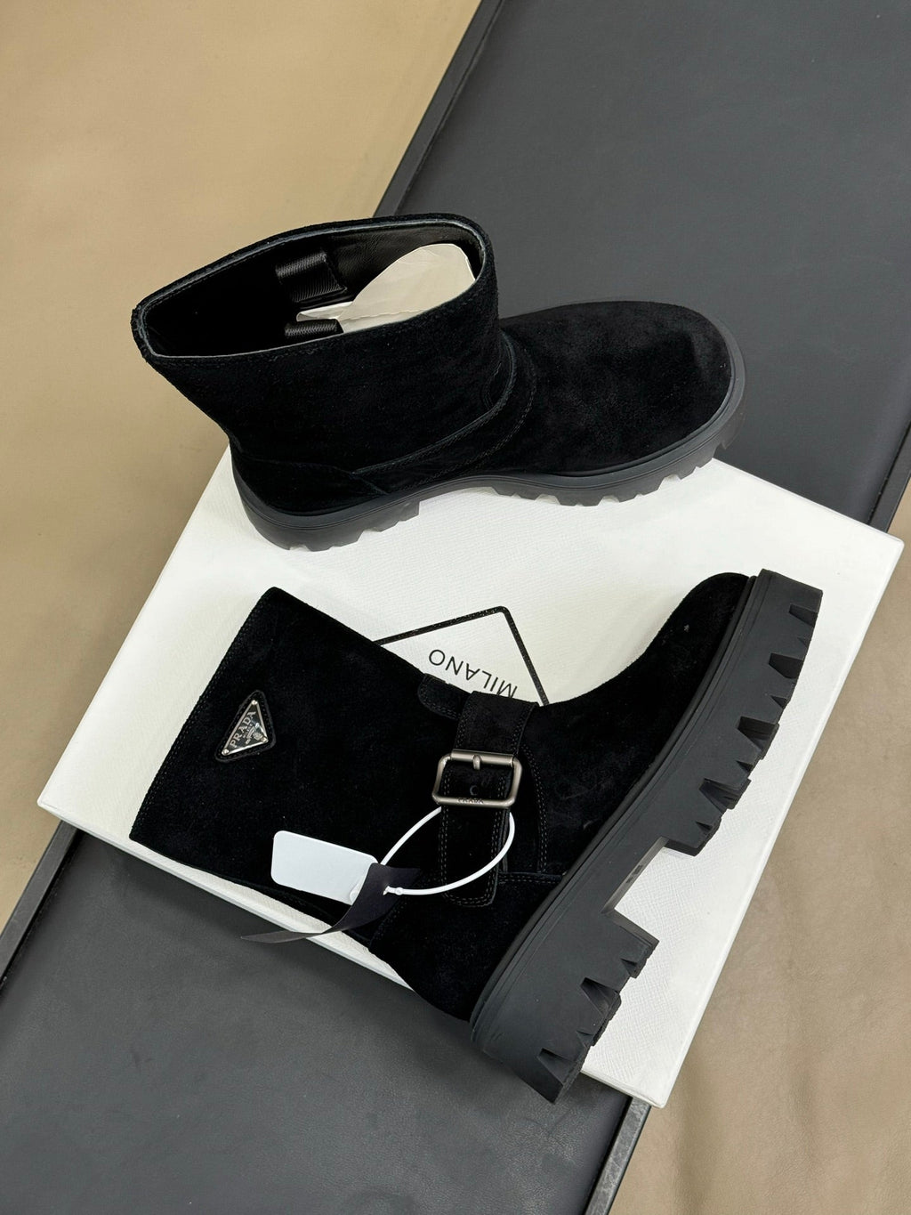 PRADA 25S PLATFORM ANKLE BOOTS IN BLACK SUEDE WITH SILVER HARDWARE