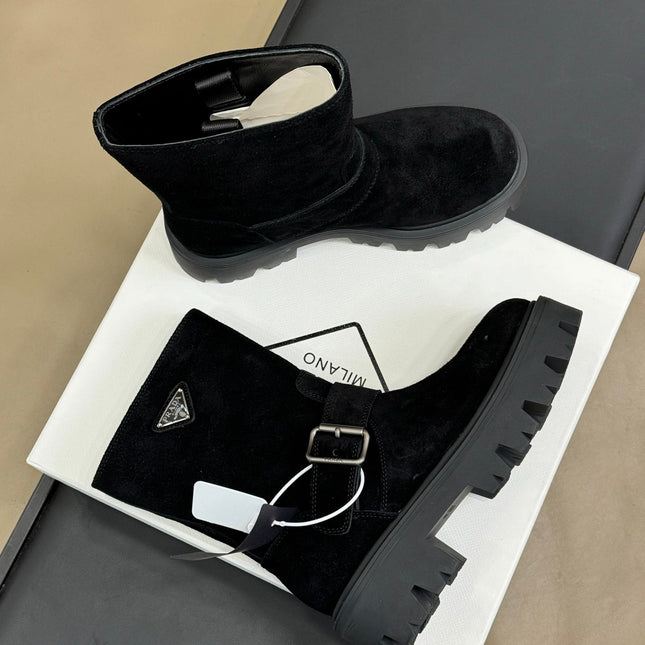 PRADA 25S PLATFORM ANKLE BOOTS IN BLACK SUEDE WITH SILVER HARDWARE
