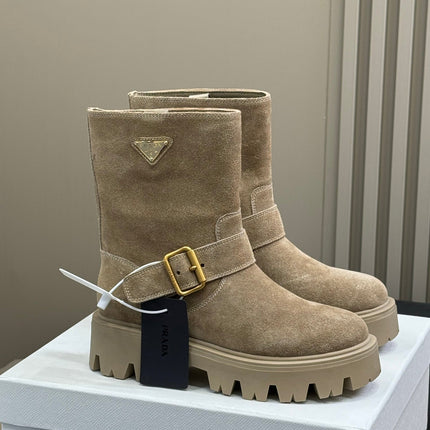 PRADA 25S PLATFORM ANKLE BOOTS IN DARK BEIGE SUEDE WITH GOLD HARDWARE