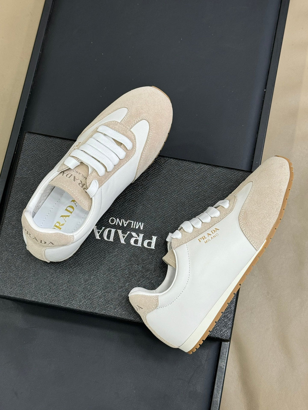 PRADA 25S SNEAKER IN WHITE MIX BEIGE SUEDE STYLE 5