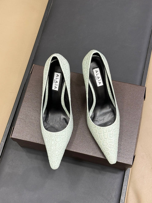 ALAIA 25S POINTY TOE PUMPS 90MM IN CELADON GREEN CALFSKIN