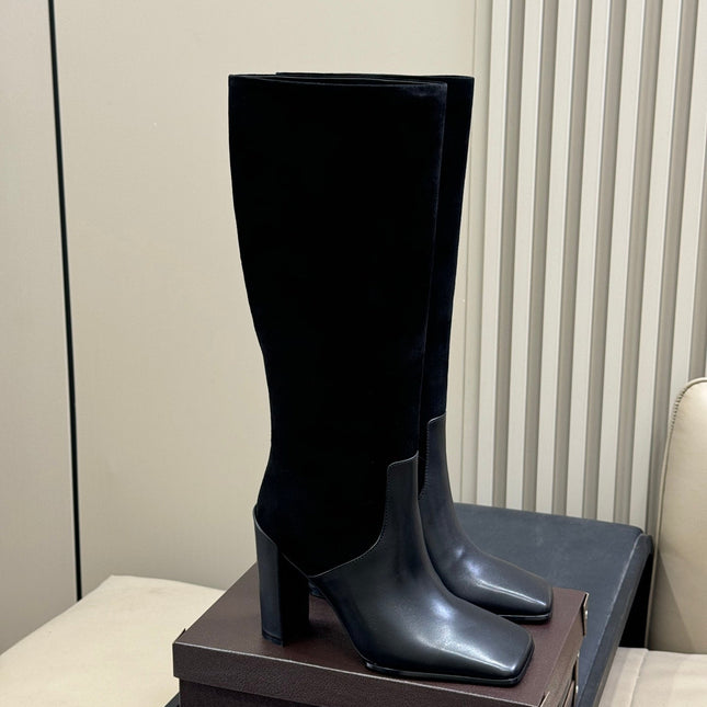 ALAIA 25S KNEE BOOTS IN BLACK CALFSKIN AND SUEDE