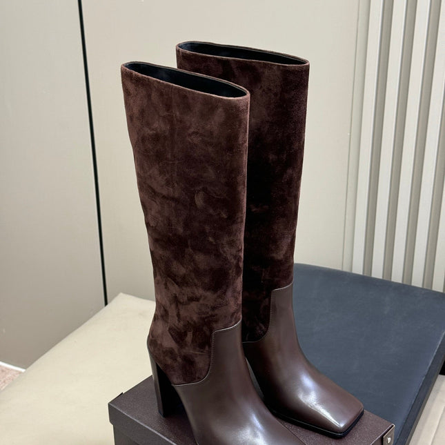 ALAIA 25S KNEE BOOTS IN BROWN CALFSKIN AND SUEDE