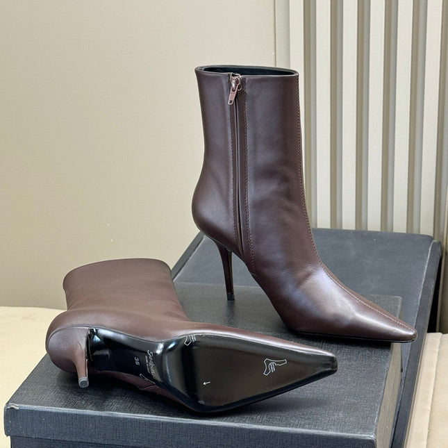 YSL 26S ZIPPERED HEELED BOOTS IN DUSTY BROWN CALFSKIN