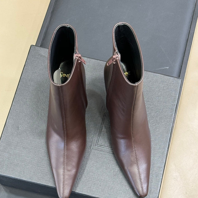 YSL 26S ZIPPERED HEELED BOOTS IN DUSTY BROWN CALFSKIN