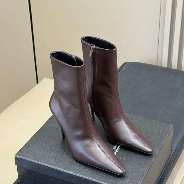 YSL 26S ZIPPERED HEELED BOOTS IN DUSTY BROWN CALFSKIN