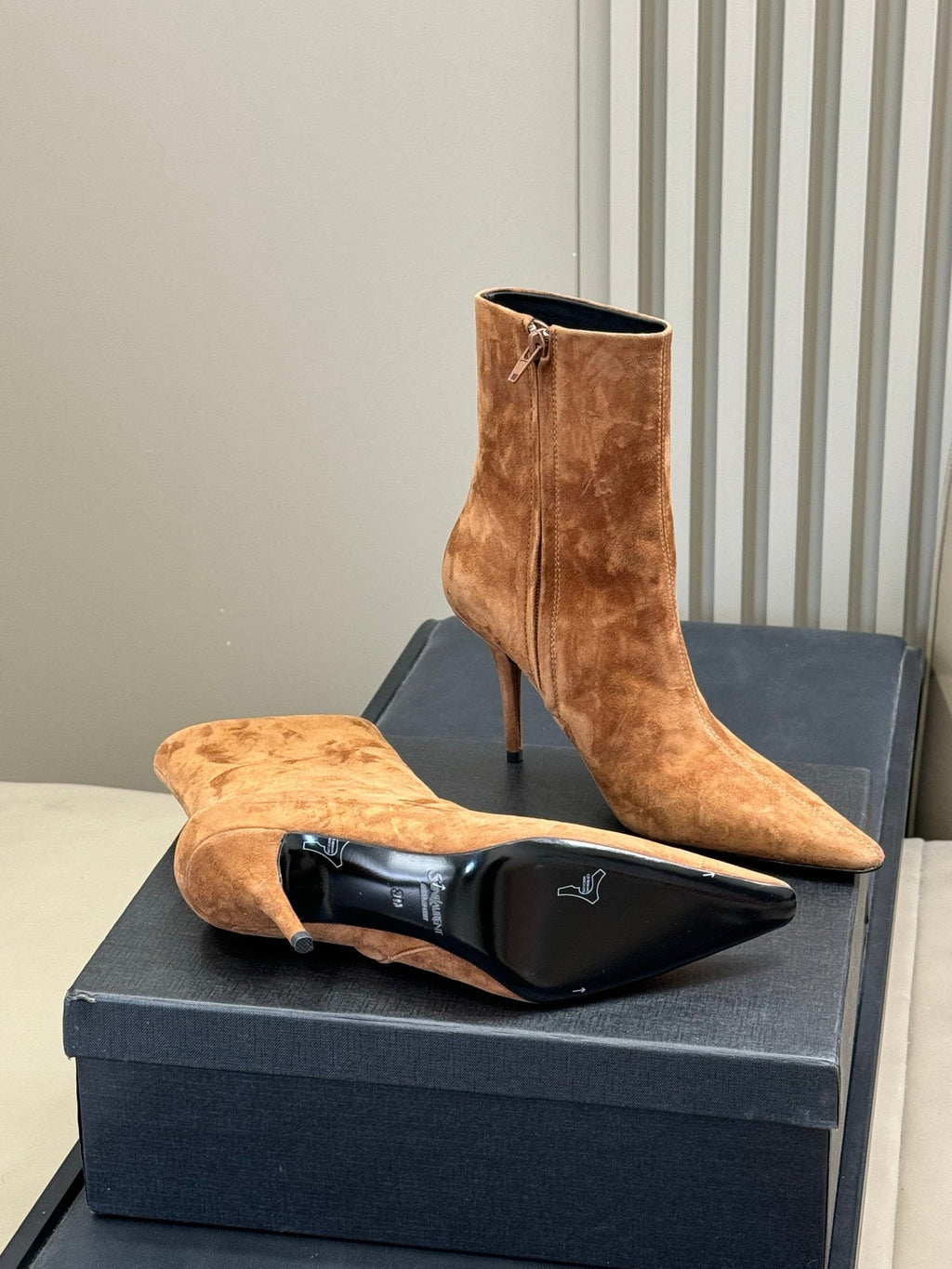YSL 26S ZIPPERED HEELED BOOTS IN LIGHT BROWN SUEDE