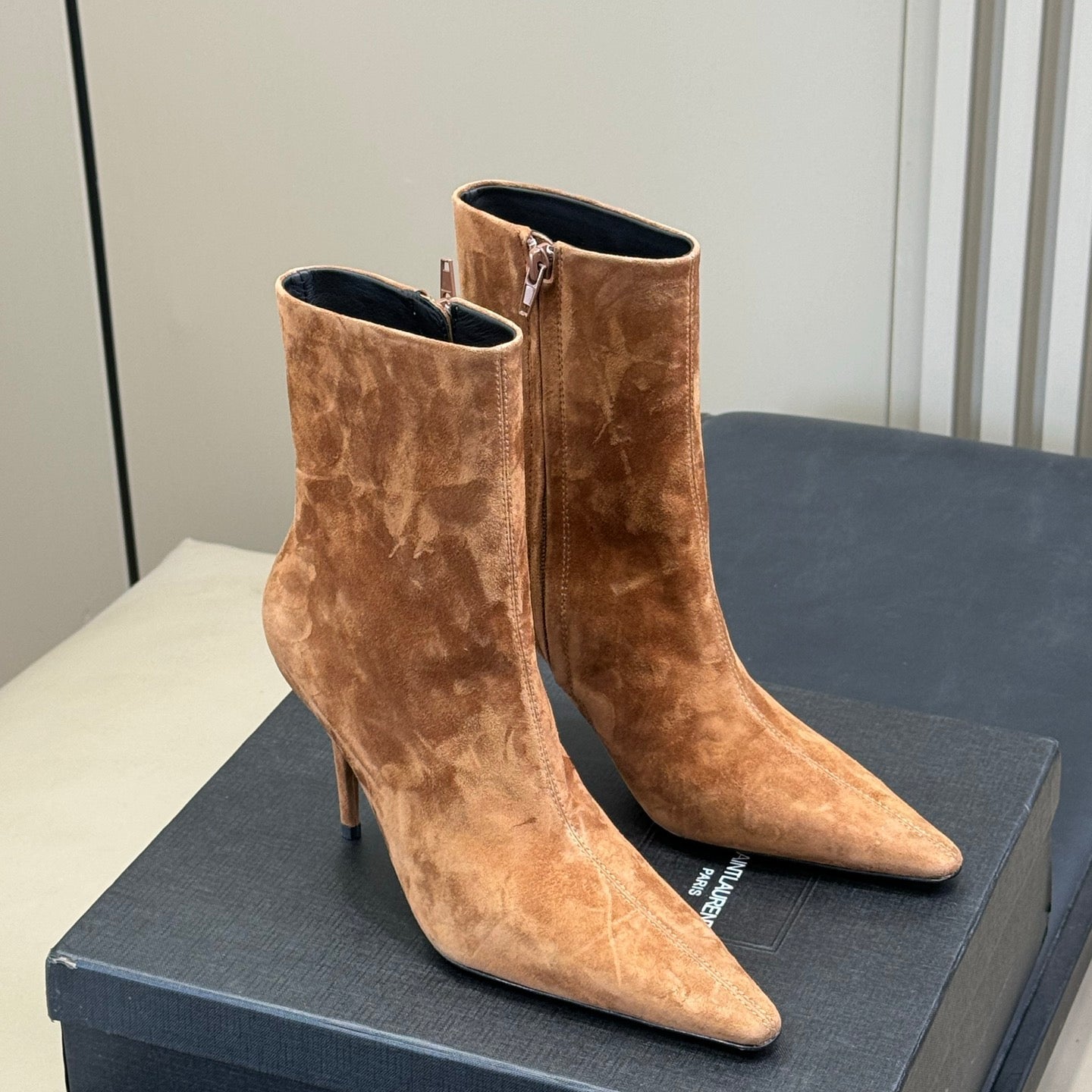YSL 26S ZIPPERED HEELED BOOTS IN LIGHT BROWN SUEDE