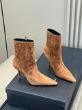 YSL 26S ZIPPERED HEELED BOOTS IN LIGHT BROWN SUEDE