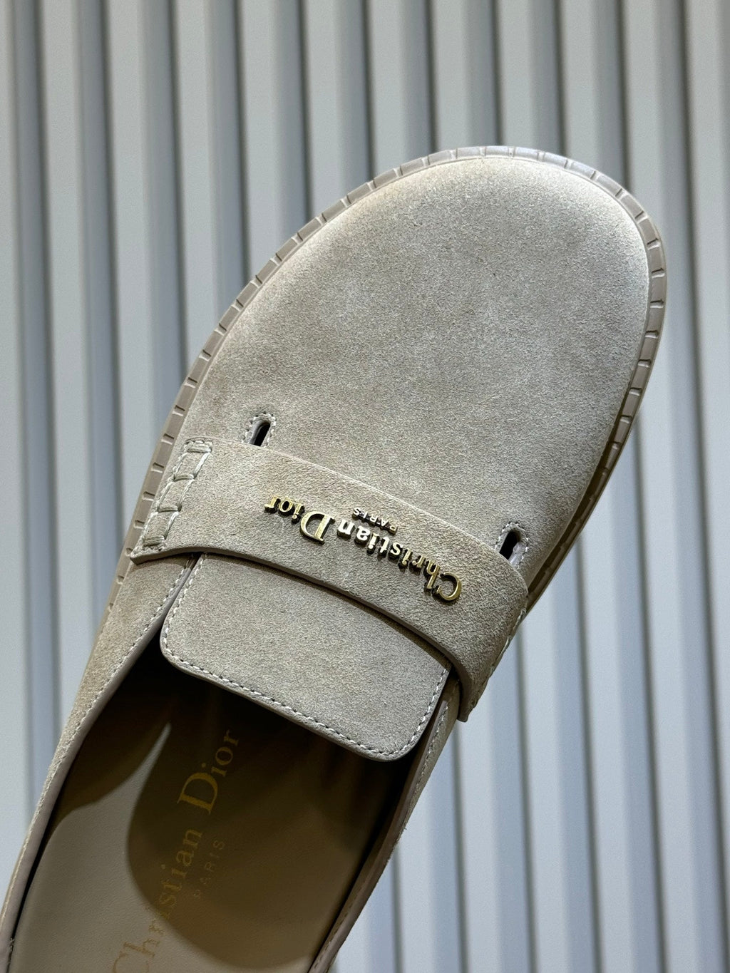 DIOR 26S BOY MULE IN DARK BEIGE SUEDE GOLD HARDWARE