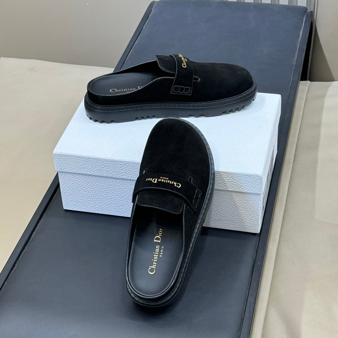 DIOR 26S BOY MULE IN BLACK SUEDE GOLD HARDWARE