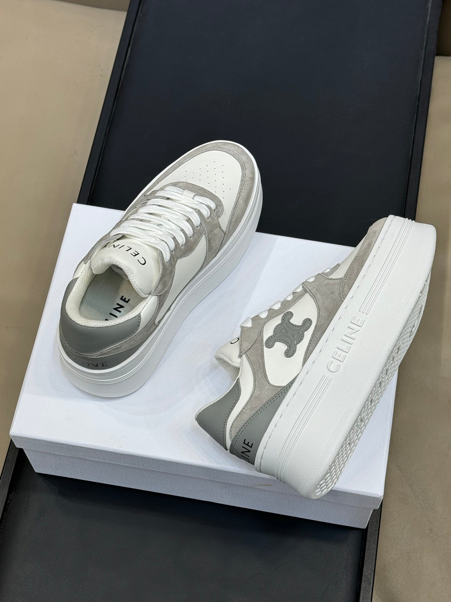 CELINE 26S WEDGE SNEAKERS IN WHITE CALFSKIN AND GREY SUEDE