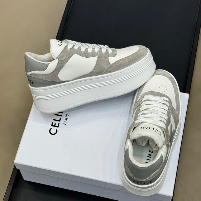 CELINE 26S WEDGE SNEAKERS IN WHITE CALFSKIN AND GREY SUEDE