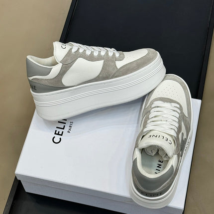 CELINE 26S WEDGE SNEAKERS IN WHITE CALFSKIN AND GREY SUEDE