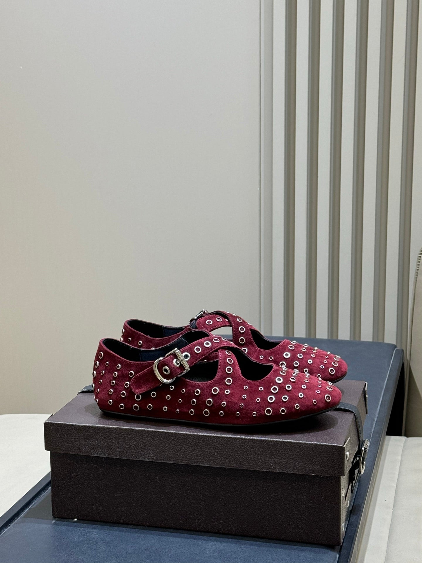 ALAIA 26S CROSS-STRAP FLATS IN DARK RED SUEDE WITH SILVER HARDWARE