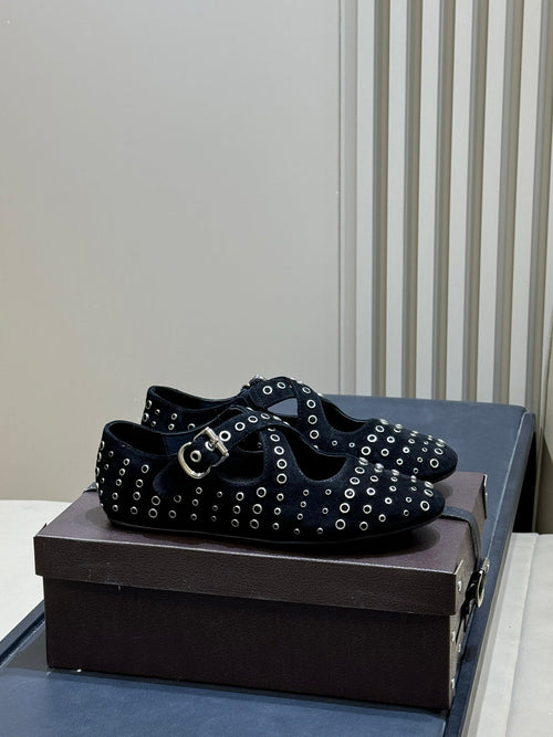 ALAIA 26S CROSS-STRAP FLATS IN BLACK SUEDE WITH SILVER HARDWARE