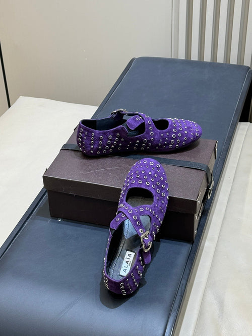 ALAIA 26S CROSS-STRAP FLATS IN PURPLE SUEDE WITH SILVER HARDWARE