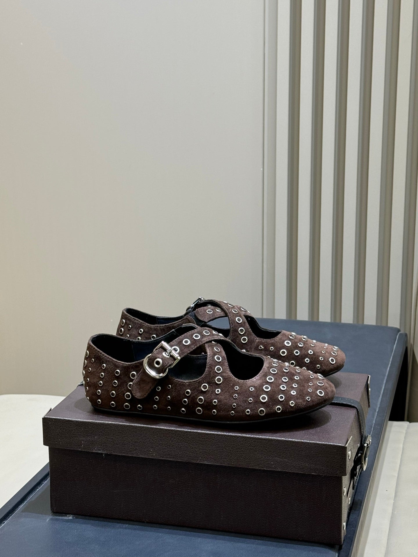 ALAIA 26S CROSS-STRAP FLATS IN DARK BROWN SUEDE WITH SILVER HARDWARE