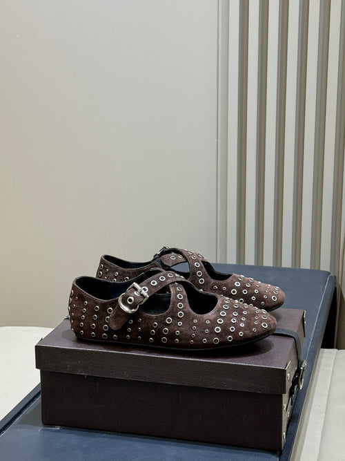 ALAIA 26S CROSS-STRAP FLATS IN DARK BROWN SUEDE WITH SILVER HARDWARE