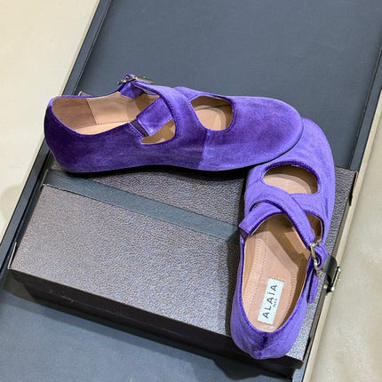 ALAIA 26S MARY JANE BALLET FLATS IN DARK PURPLE VELVET