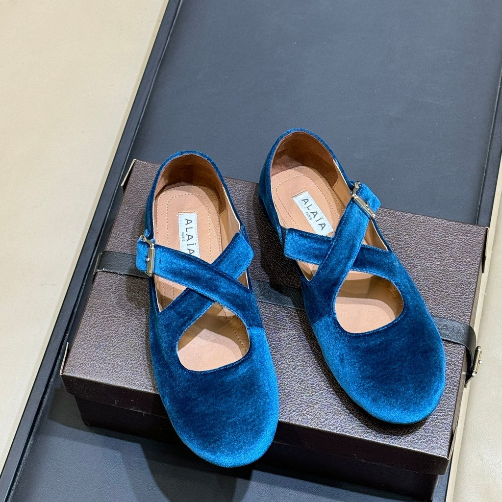 ALAIA 26S MARY JANE BALLET FLATS IN DARK BLUE VELVET