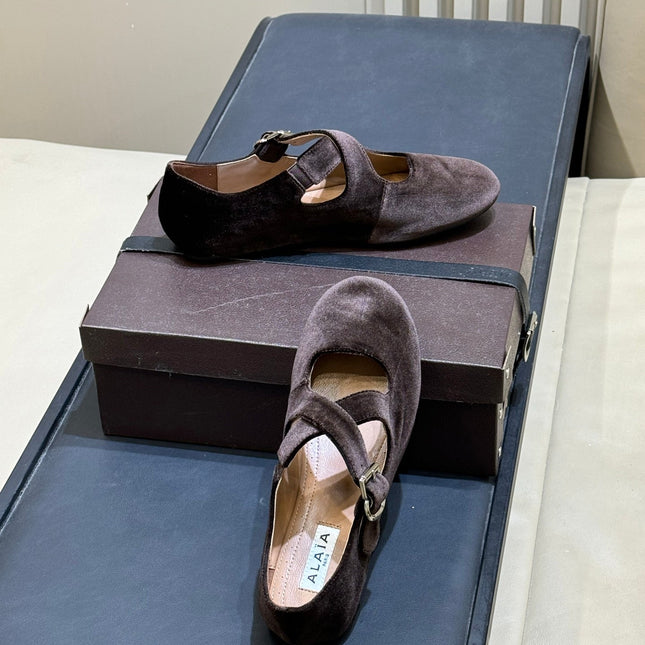 ALAIA 26S MARY JANE BALLET FLATS IN DARK BROWN VELVET
