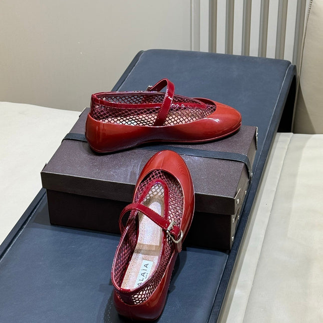 ALAIA 26S MARY JANE BALLET FLATS IN RED MESH AND GLOSSY CALFSKIN