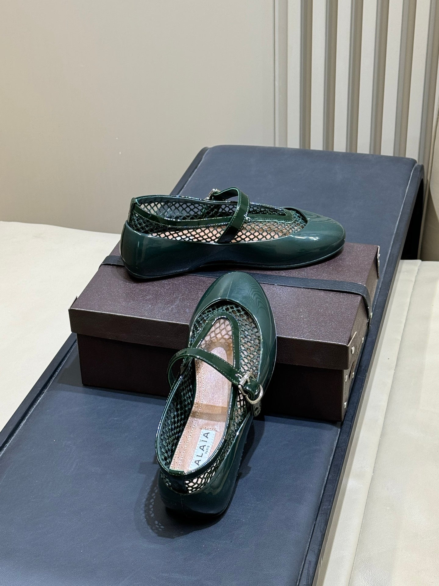 ALAIA 26S MARY JANE BALLET FLATS IN DARK GREEN MESH AND GLOSSY CALFSKIN