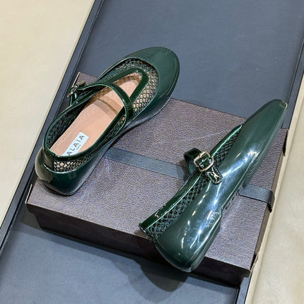 ALAIA 26S MARY JANE BALLET FLATS IN DARK GREEN MESH AND GLOSSY CALFSKIN