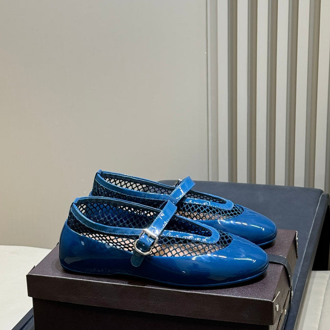 ALAIA 26S MARY JANE BALLET FLATS IN DARK BLUE MESH AND GLOSSY CALFSKIN