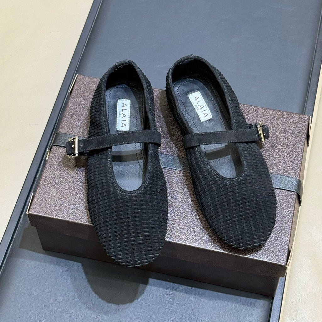 ALAIA 26S KNIT BALLET FLATS IN BLACK SUEDE