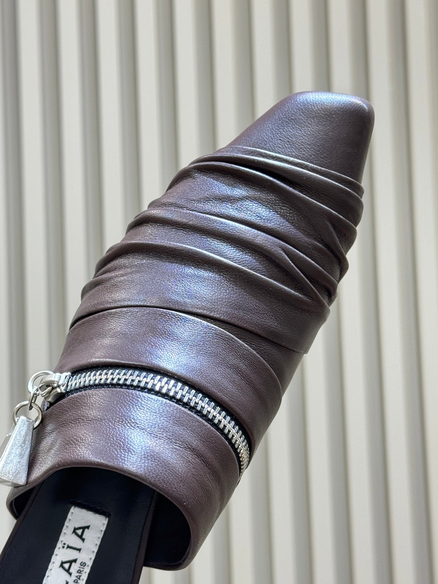 ALAIA 26S PLEATED MULES IN DARK BROWN LAMBSKIN