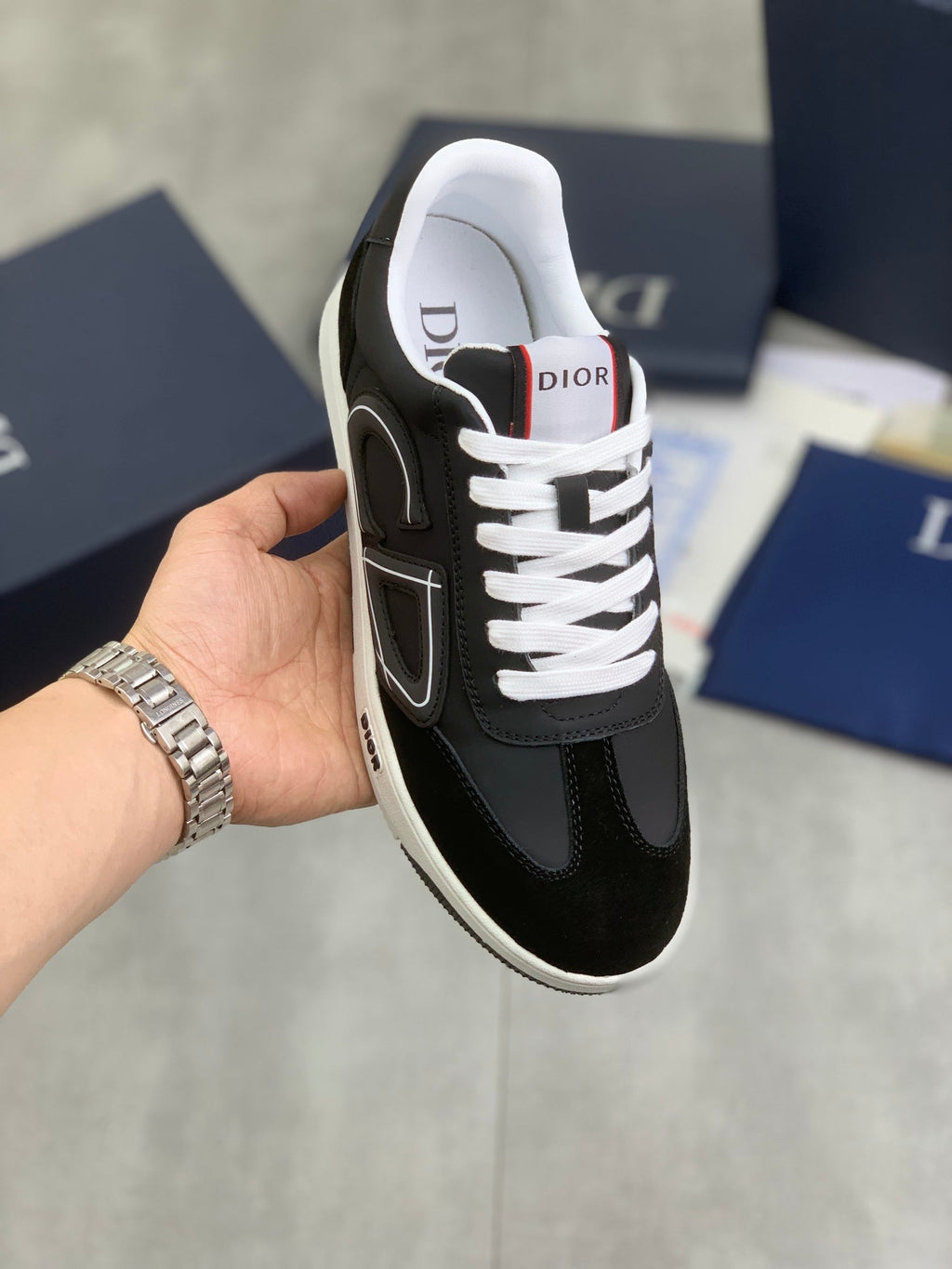 CD HOMME SNEAKERS BLACK CALFSKIN AND SUEDE