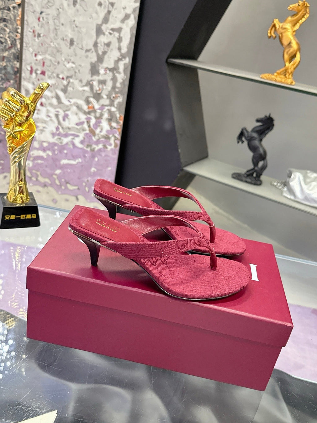 GUCCI 26S THONG KITTEN HEEL SANDALS 55MM IN BURGUNDY RED GG CANVAS