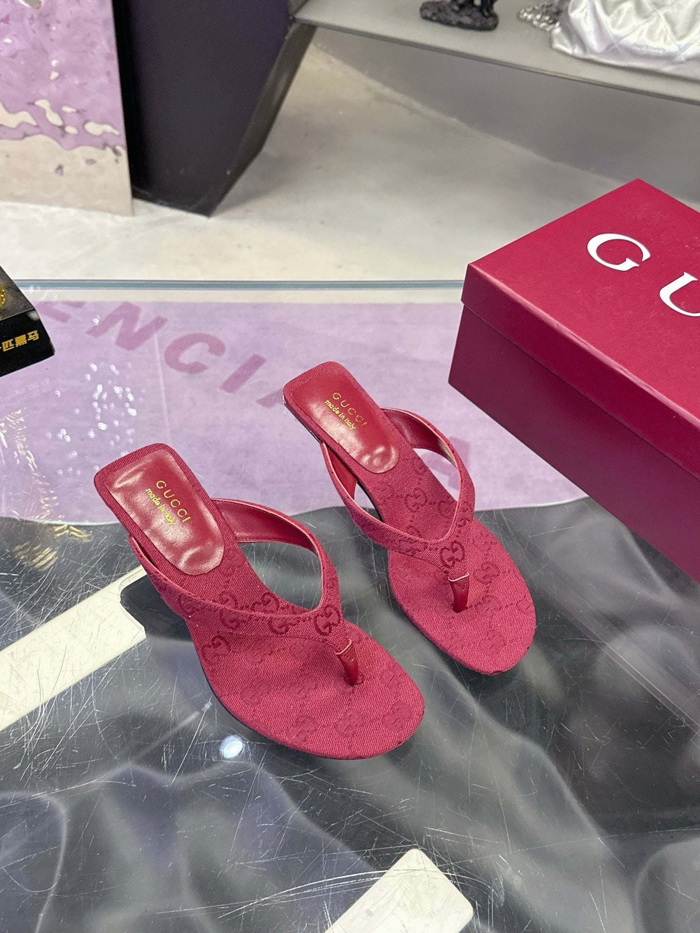 GUCCI 26S THONG KITTEN HEEL SANDALS 55MM IN BURGUNDY RED GG CANVAS