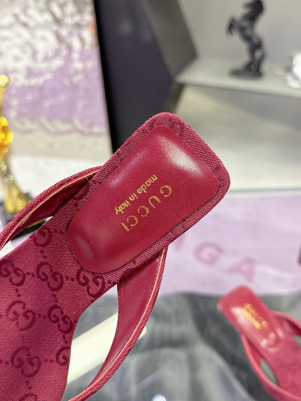 GUCCI 26S THONG KITTEN HEEL SANDALS 55MM IN BURGUNDY RED GG CANVAS