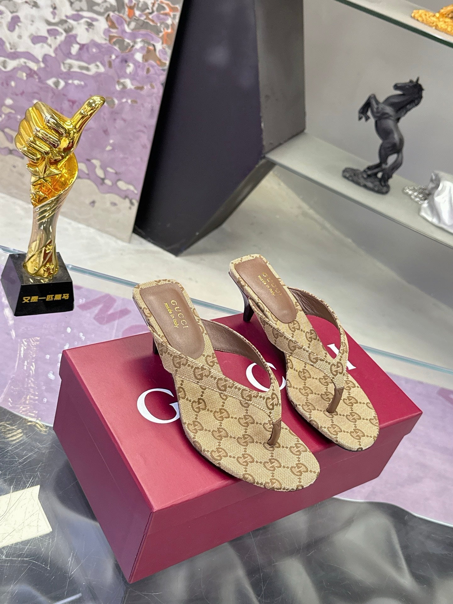 GUCCI 26S THONG KITTEN HEEL SANDALS 55MM IN BEIGE GG CANVAS