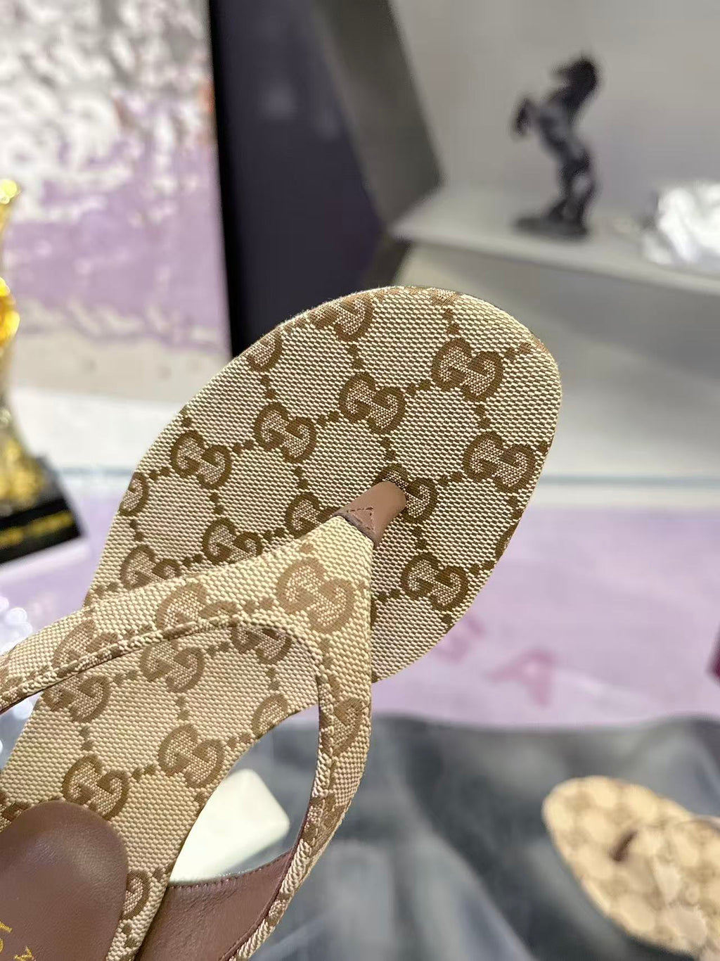 GUCCI 26S THONG KITTEN HEEL SANDALS 55MM IN BEIGE GG CANVAS