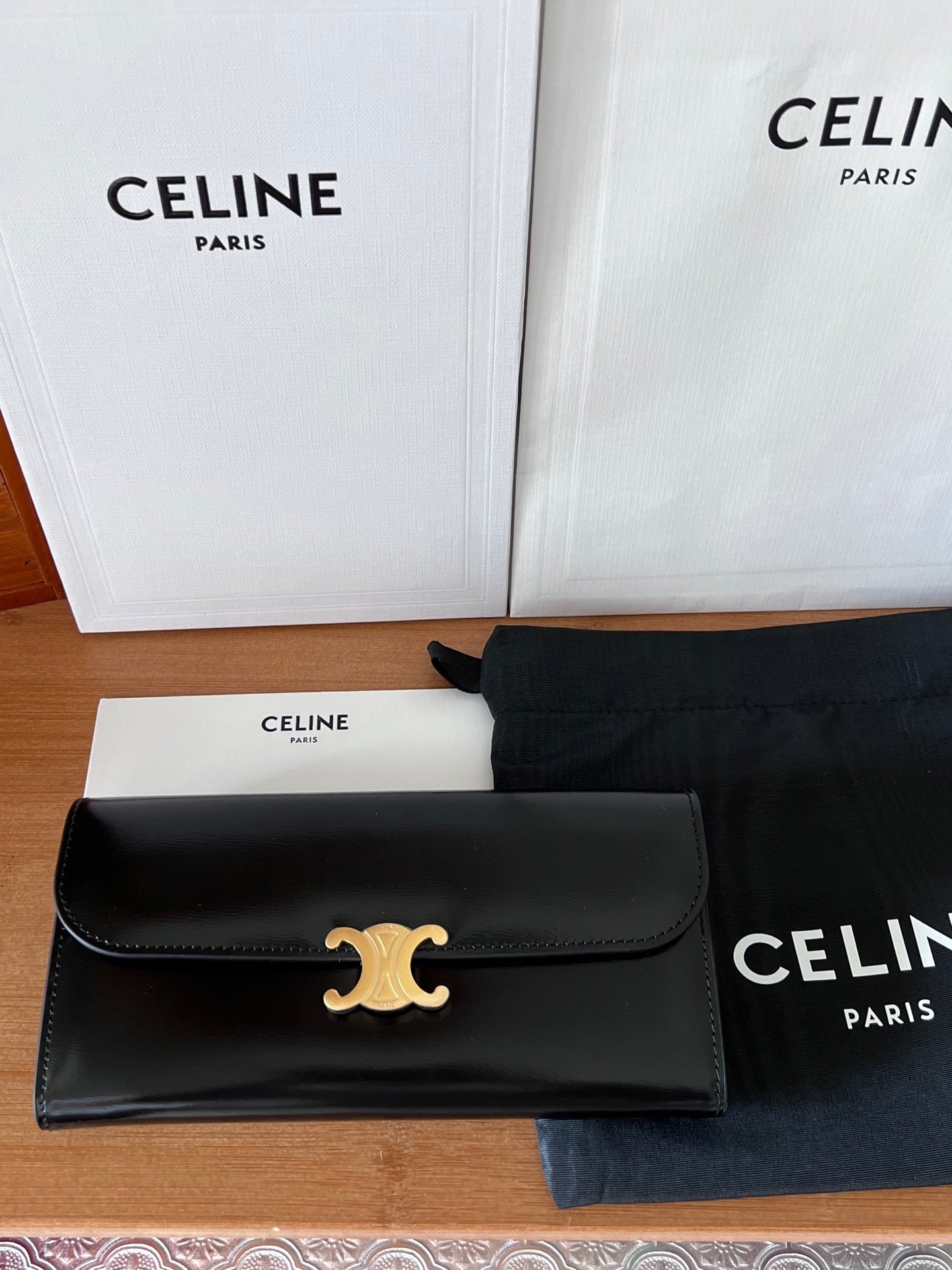 TRIOMPHE WALLET 19 IN BLACK CALFSKIN GOLD HARDWARE