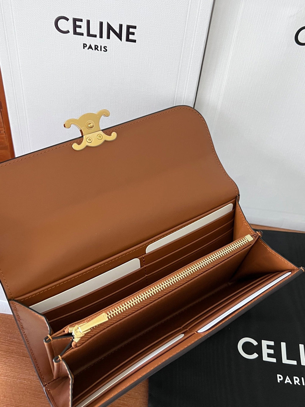 TRIOMPHE WALLET 19 IN BROWN CALFSKIN GOLD HARDWARE