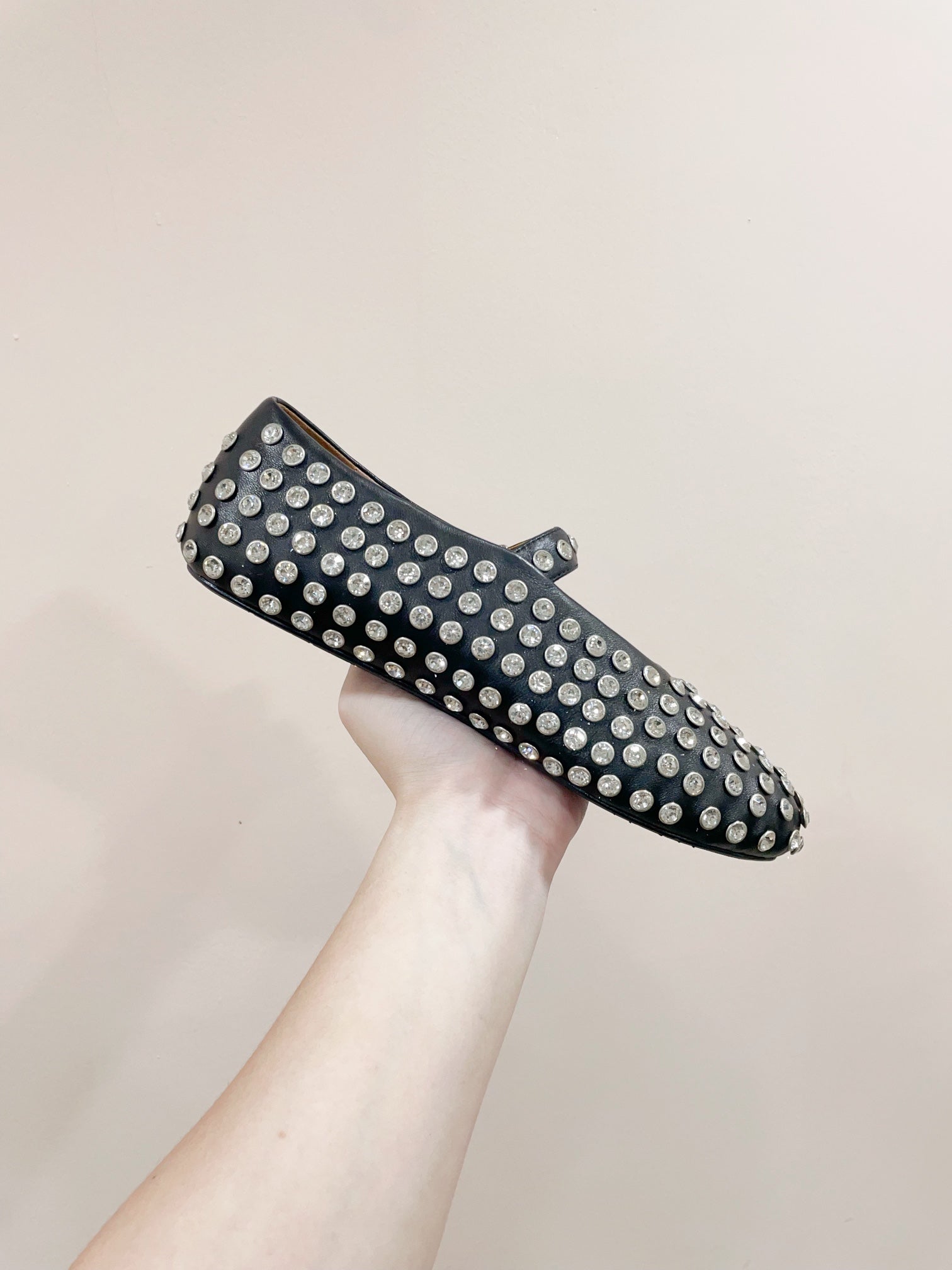ALAIA MARY JANE SHOES IN BLACK LAMBKIN ATTACH RHINSTONES