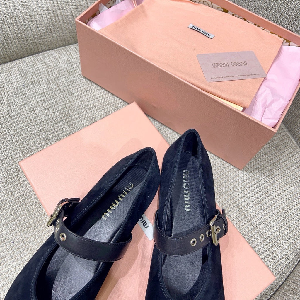 MIUMIU 26S MARY JANE FLATS IN BLACK SUEDE WITH BLACK BUCKLE STRAP