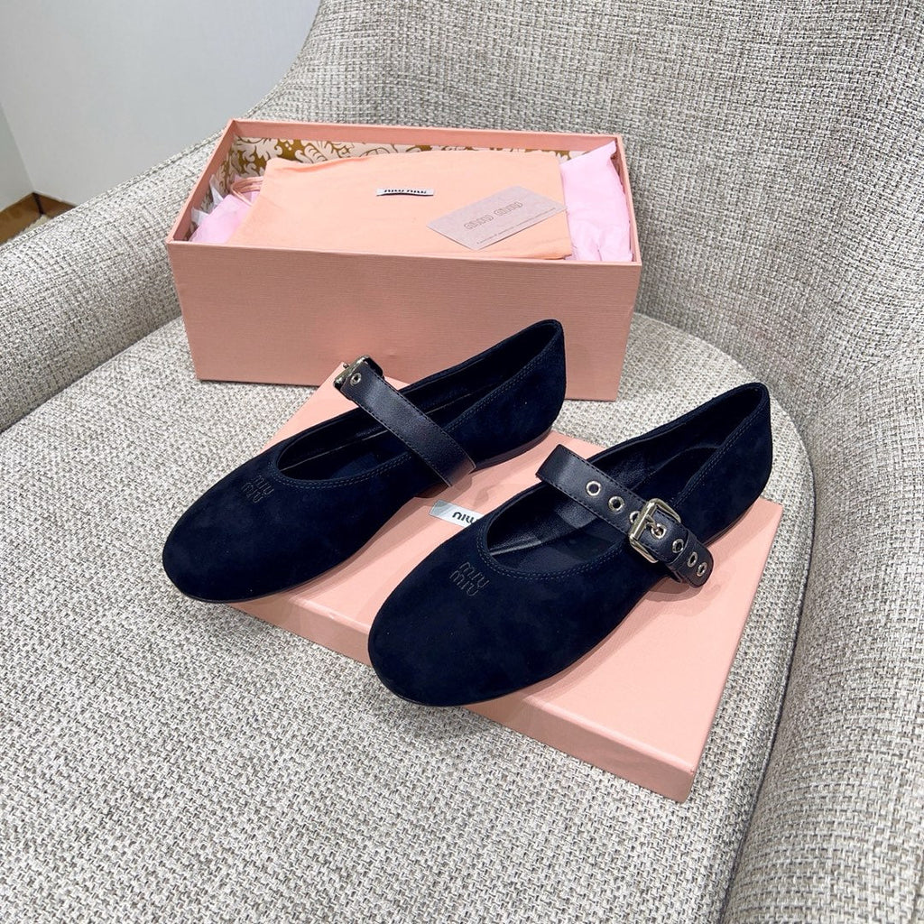 MIUMIU 26S MARY JANE FLATS IN BLACK SUEDE WITH BLACK BUCKLE STRAP