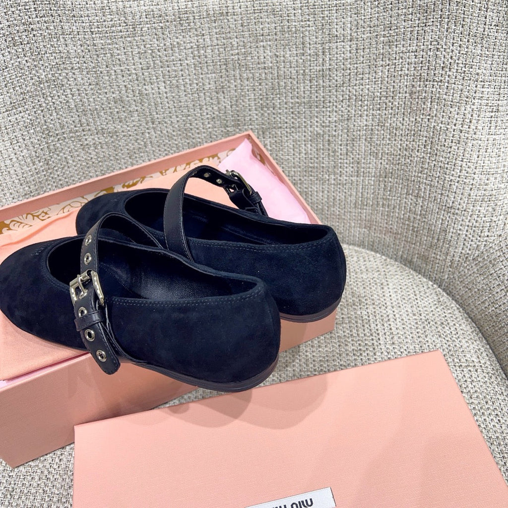 MIUMIU 26S MARY JANE FLATS IN BLACK SUEDE WITH BLACK BUCKLE STRAP