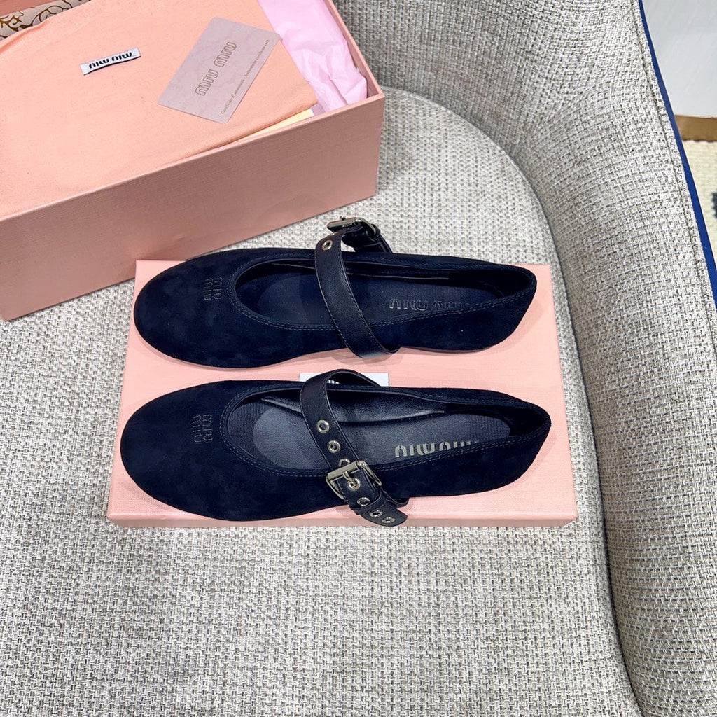 MIUMIU 26S MARY JANE FLATS IN BLACK SUEDE WITH BLACK BUCKLE STRAP