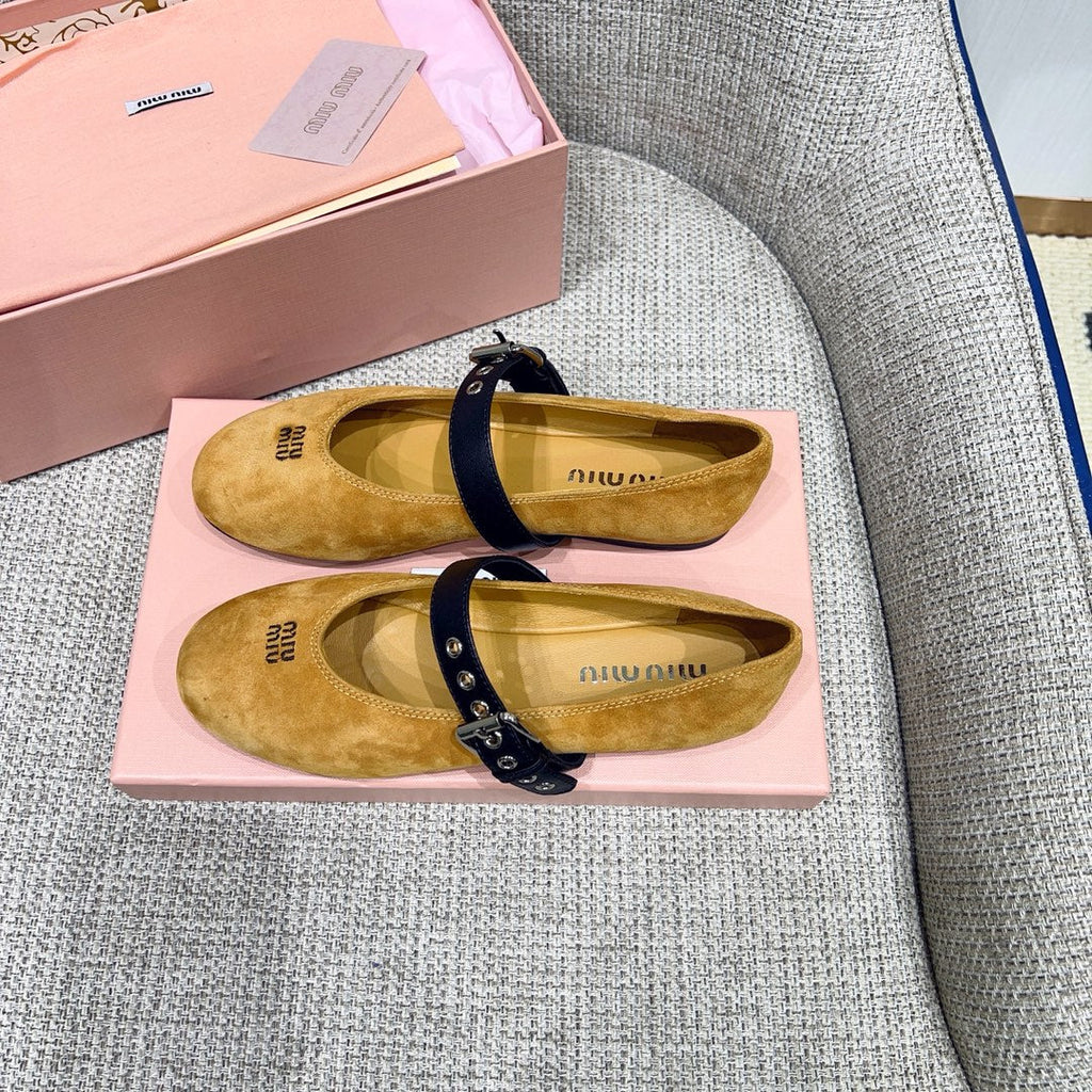 MIUMIU 26S MARY JANE FLATS IN GOLD BROWN SUEDE WITH BLACK BUCKLE STRAP