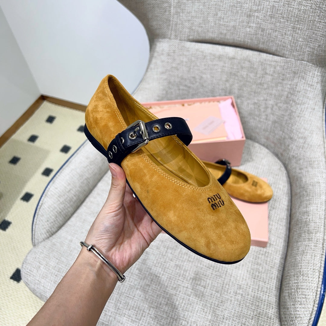 MIUMIU 26S MARY JANE FLATS IN GOLD BROWN SUEDE WITH BLACK BUCKLE STRAP