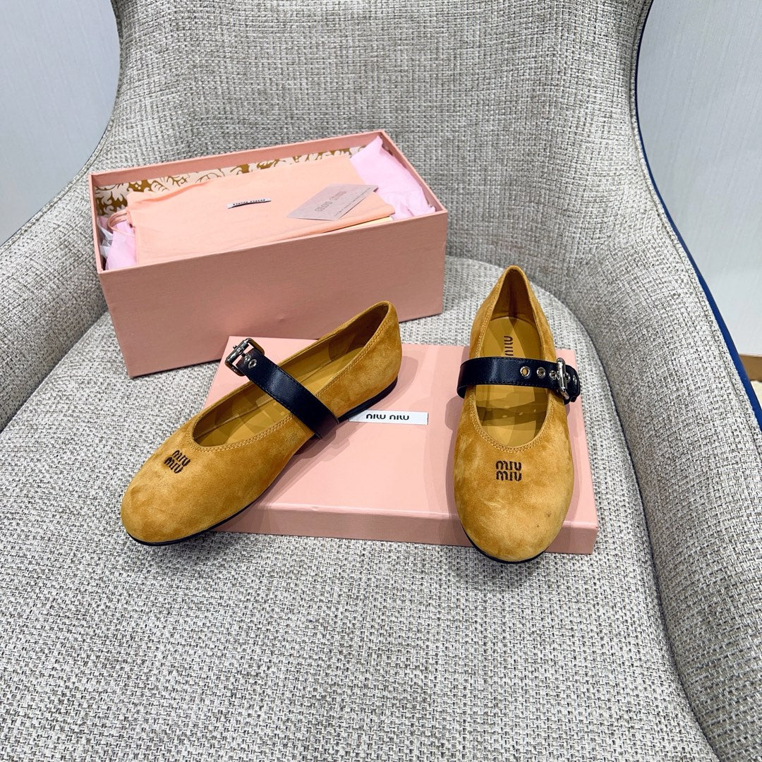 MIUMIU 26S MARY JANE FLATS IN GOLD BROWN SUEDE WITH BLACK BUCKLE STRAP